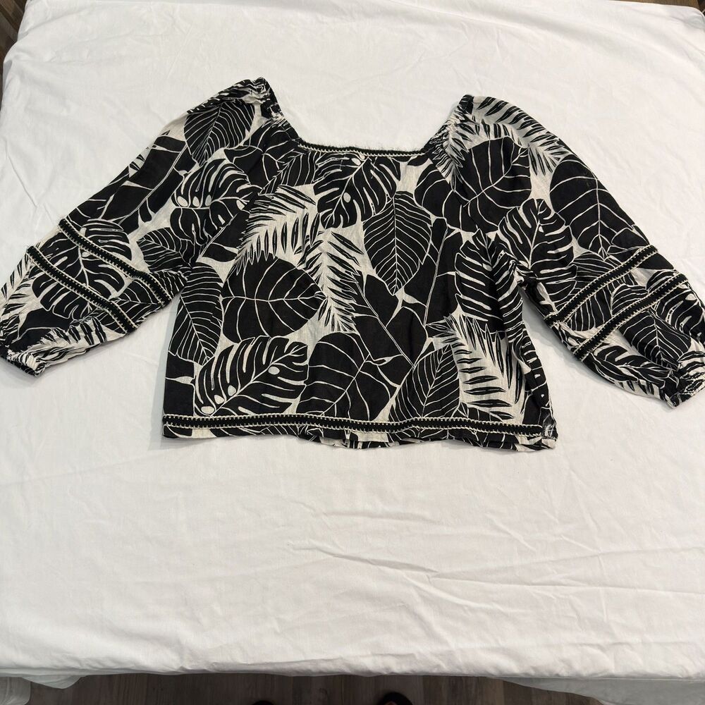 Cynthia Rowley linen flax Black and White Leaf Print Peasant Top Large
